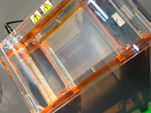 Look at our gel. Our non-editable jell-o looks good. We are ready to test our DNA samples. Can you see the little colorful wholes on the left side of the gel? Can you see the bubbles on the edge?