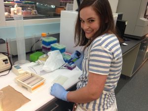 Grace is working hard filling 22 wells/holes in the gel with the samples and enzymes that we mixed the day before. 