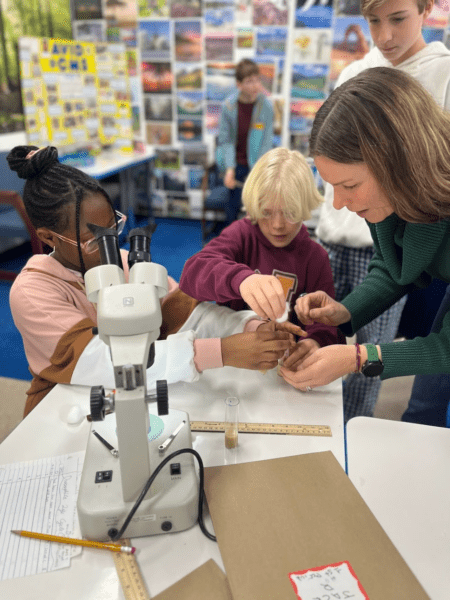 Christine Suzina leading the fruit fly lab with her students.