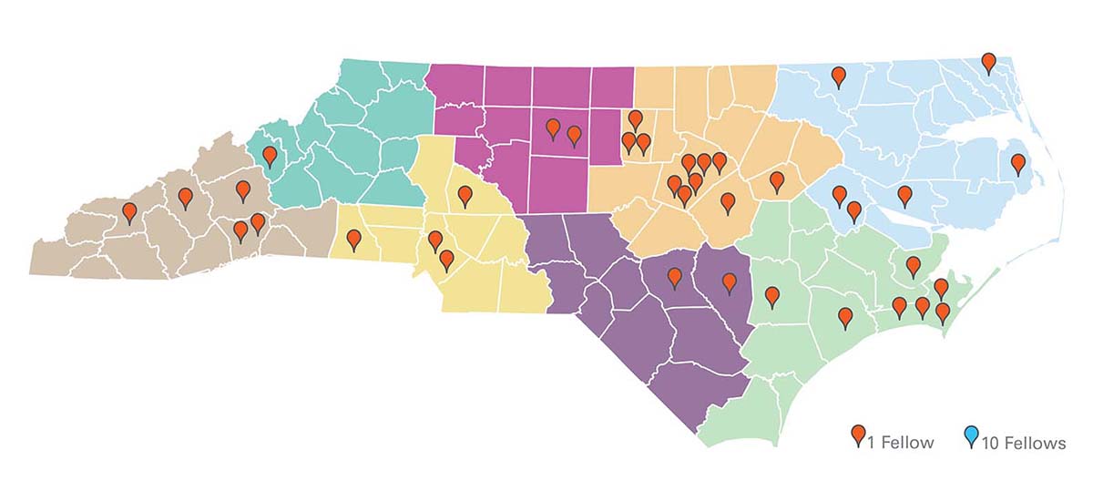 Map of NC counties with dots showing where the 2024-25 Kenan Fellows are located.