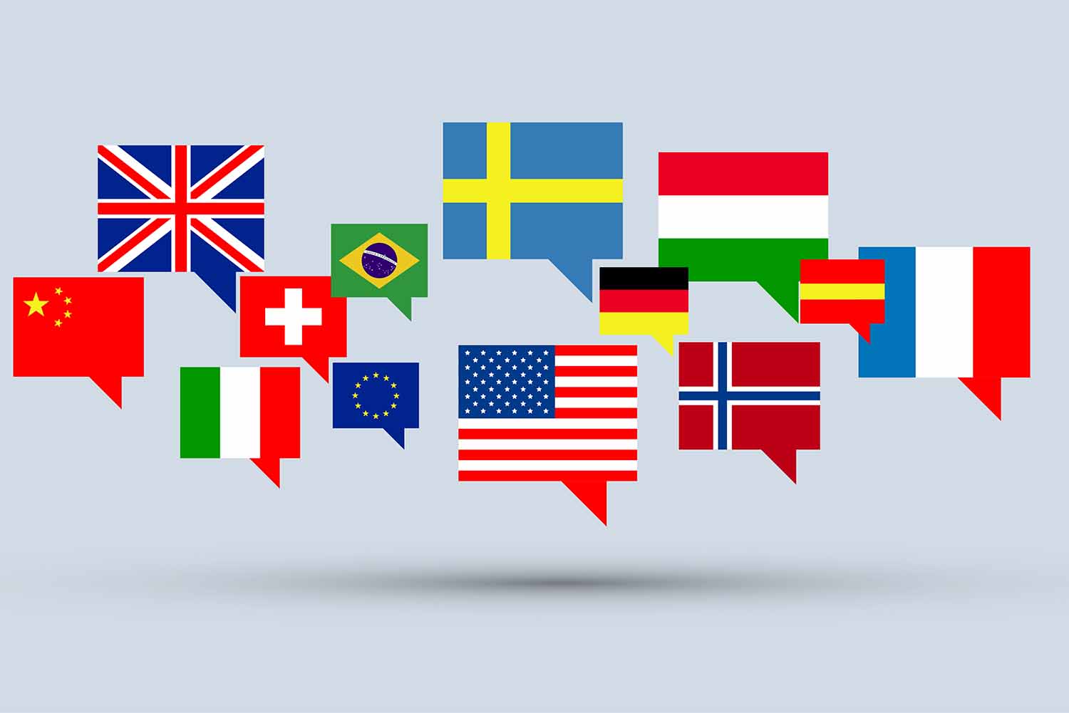 Multilingual graphic. Gray background with international flags and chat boxes.