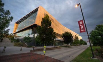 The Hunt library at dusk, on Centennial Campus. Photo by Marc Hall