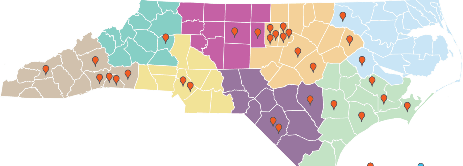 Map of NC with location dots showing the counties where the 25-26 Kenan Fellows are located.