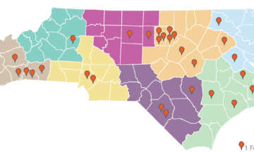 Map of NC with location dots showing the counties where the 25-26 Kenan Fellows are located.