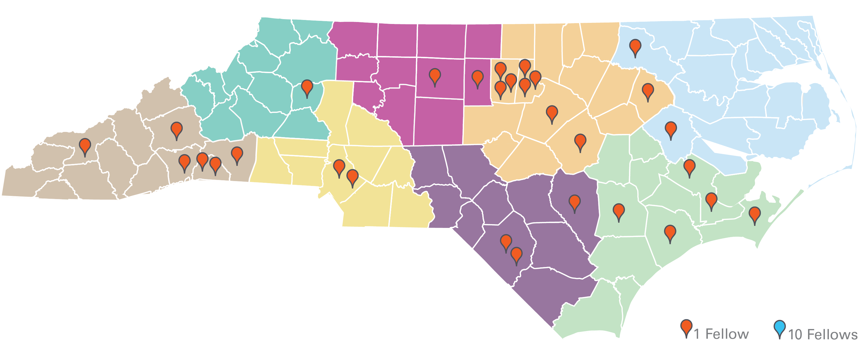 Map of NC with location dots showing the counties where the 25-26 Kenan Fellows are located.