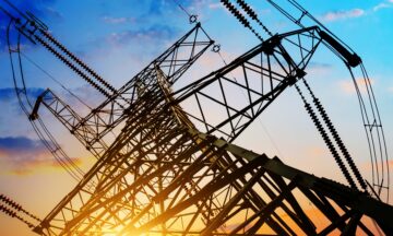 high voltage post.High-voltage tower sky background.